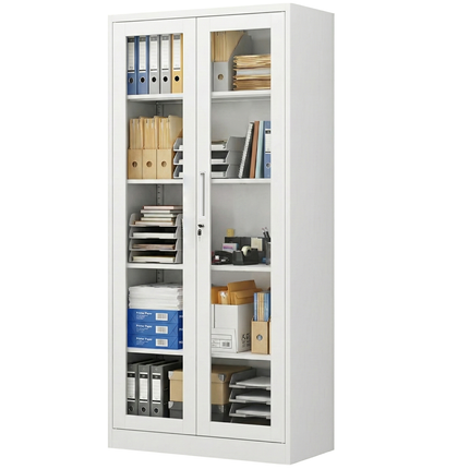 Metal File Folder Cabinet Glass Swing Door Office Storage Cupboard Adjustable Shelves Key Lock White
