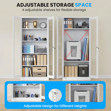 Metal File Folder Cabinet Glass Swing Door Office Storage Cupboard Adjustable Shelves Key Lock White
