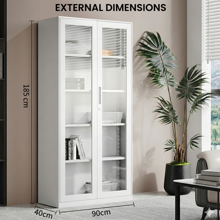 Metal File Folder Cabinet Glass Swing Door Office Storage Cupboard Adjustable Shelves Key Lock White