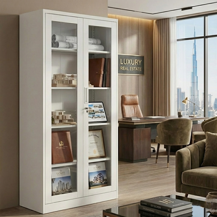 Metal File Folder Cabinet Glass Swing Door Office Storage Cupboard Adjustable Shelves Key Lock White