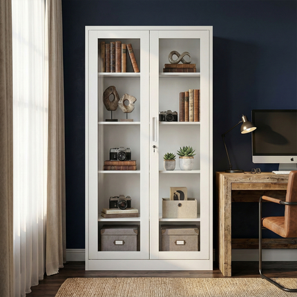 Metal File Folder Cabinet Glass Swing Door Office Storage Cupboard Adjustable Shelves Key Lock White