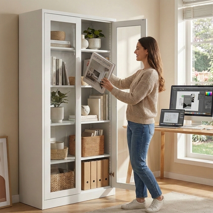 Metal File Folder Cabinet Glass Swing Door Office Storage Cupboard Adjustable Shelves Key Lock White