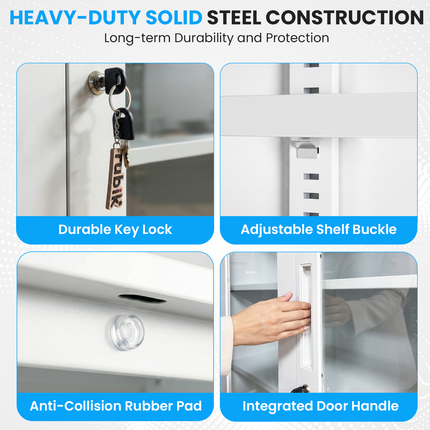 Metal File Folder Cabinet Glass Swing Door Office Storage Cupboard Adjustable Shelves Key Lock White