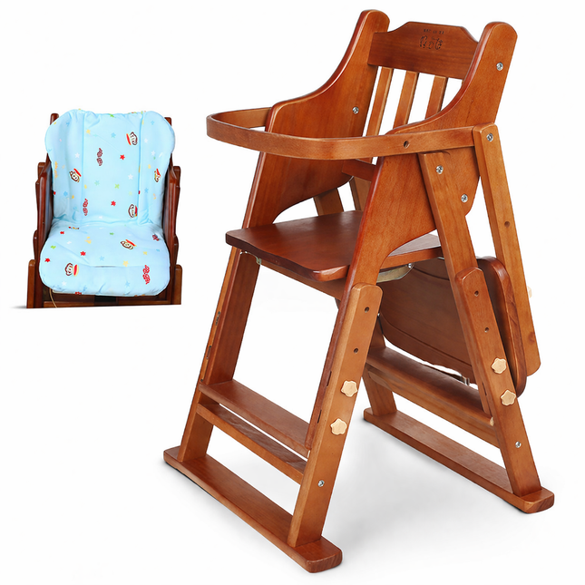 Adjustable Solid Wood Baby High Chair,  Foldable with Safety Harness & Cushion, Reddish Brown