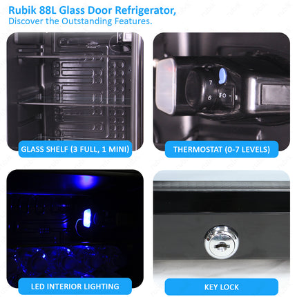 Rubik Hotel Mini Bar Compressor Fridge 88L, Glass Door Refrigerator RB-JC-88HC