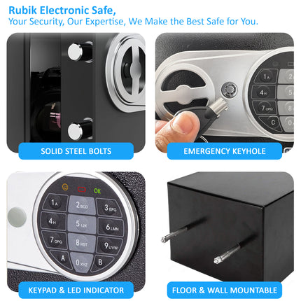 Rubik Mini Safe Box With (Upgraded) Digital Lock & Key RB17EL (17x23x17cm) Black