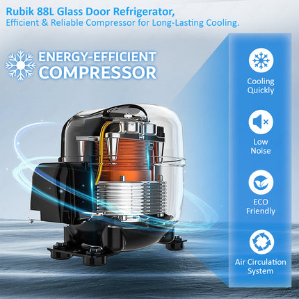 Rubik Hotel Mini Bar Compressor Fridge 88L, Glass Door Refrigerator RB-JC-88HC