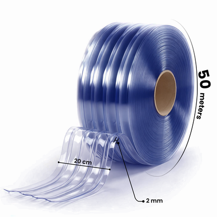 Clear PVC Strip Roll, Ribbed T-Strip, 200mm x 6mm x 50m Roll, Non-Phthalate Transparent PVC