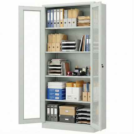 Modern Office Metal Glass Double Doors File Cabinet Steel Storage Cupboard Cabinet Grey