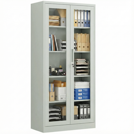 Modern Office Metal Glass Double Doors File Cabinet Steel Storage Cupboard Cabinet Grey