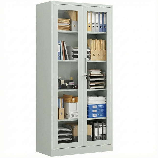 Modern Office Metal Glass Double Doors File Cabinet Steel Storage Cupboard Cabinet Grey