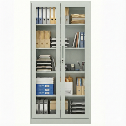 Modern Office Metal Glass Double Doors File Cabinet Steel Storage Cupboard Cabinet Grey