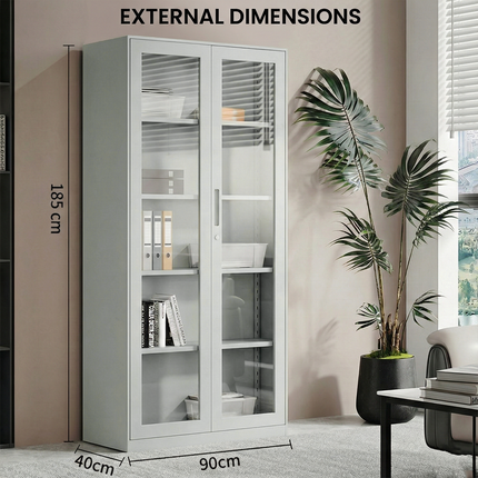 Modern Office Metal Glass Double Doors File Cabinet Steel Storage Cupboard Cabinet Grey