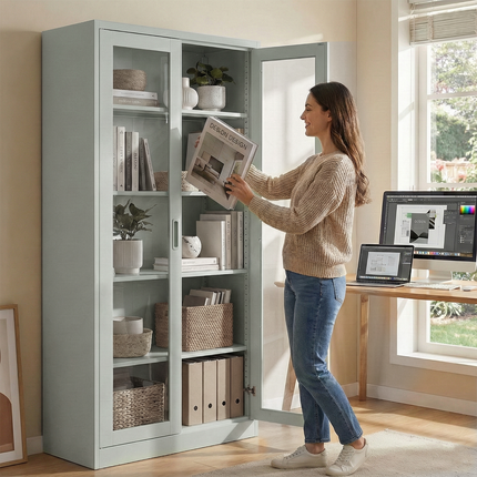 Modern Office Metal Glass Double Doors File Cabinet Steel Storage Cupboard Cabinet Grey