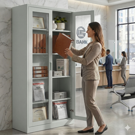 Modern Office Metal Glass Double Doors File Cabinet Steel Storage Cupboard Cabinet Grey