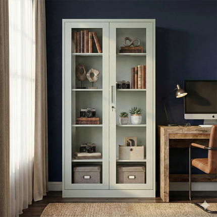 Modern Office Metal Glass Double Doors File Cabinet Steel Storage Cupboard Cabinet Grey