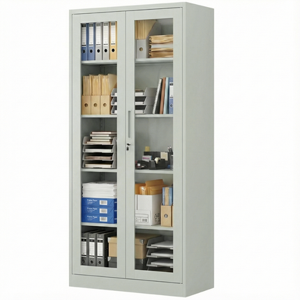 Modern Office Metal Glass Double Doors File Cabinet Steel Storage Cupboard Cabinet Grey
