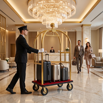 Stainless Steel Hotel Bellman Luggage Cart Anti Fingerprint Gold Titanium Coating, Luxury Platform