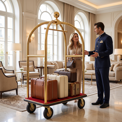 Stainless Steel Hotel Bellman Luggage Cart Anti Fingerprint Gold Titanium Coating, Luxury Platform