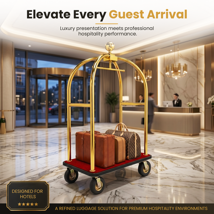Stainless Steel Hotel Bellman Luggage Cart Anti Fingerprint Gold Titanium Coating, Luxury Platform