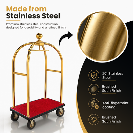 Stainless Steel Hotel Bellman Luggage Cart Anti Fingerprint Gold Titanium Coating, Luxury Platform