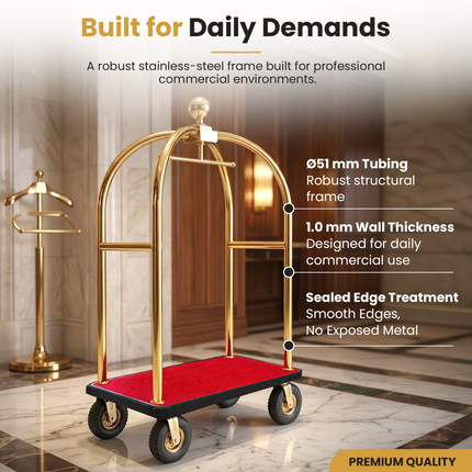 Stainless Steel Hotel Bellman Luggage Cart Anti Fingerprint Gold Titanium Coating, Luxury Platform
