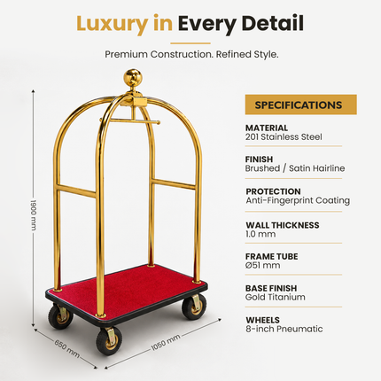 Stainless Steel Hotel Bellman Luggage Cart Anti Fingerprint Gold Titanium Coating, Luxury Platform