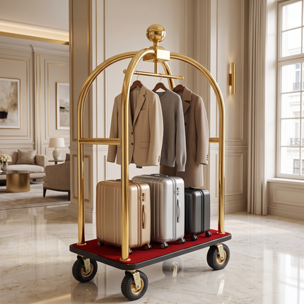 Stainless Steel Hotel Bellman Luggage Cart Anti Fingerprint Gold Titanium Coating, Luxury Platform