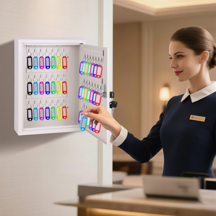 Rubik 42 Keys Safe Cabinet with Key Lock, Wall-Mounted Keys Storage Lock Box (‎RB42SK) White