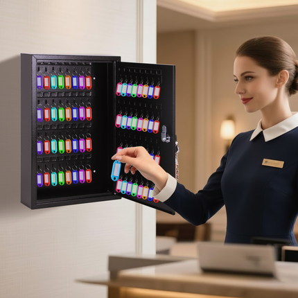 Rubik 64 Keys Safe Cabinet with Key Lock, Wall-Mounted Keys Storage Lock Box (‎RB64SK) Black