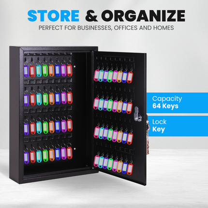 Rubik 64 Keys Safe Cabinet with Key Lock, Wall-Mounted Keys Storage Lock Box (‎RB64SK) Black