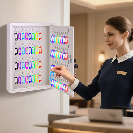 Rubik 64 Keys Safe Cabinet with Key Lock, Wall-Mounted Keys Storage Lock Box (‎RB64SK) White