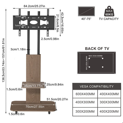 Wooden Style Floor TV Trolley Stand with Wheels for 32-65 Inch TVs, 40 kg Capacity (U-X1928)