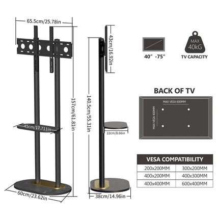Double Pole TV Stand, Fits 40-75 Inch TVs, Floor-Standing, VESA Compatible Mount 40KG Load, U-Z1318-BK (Black)