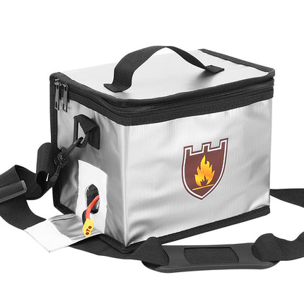 Explosion-Proof Fireproof LiPo Battery Safety Bag 21.5x14.5x16.5cm - Zipper with Charging Port and Shoulder Strap