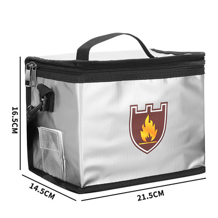 Explosion-Proof Fireproof LiPo Battery Safety Bag 21.5x14.5x16.5cm - Zipper with Charging Port and Shoulder Strap