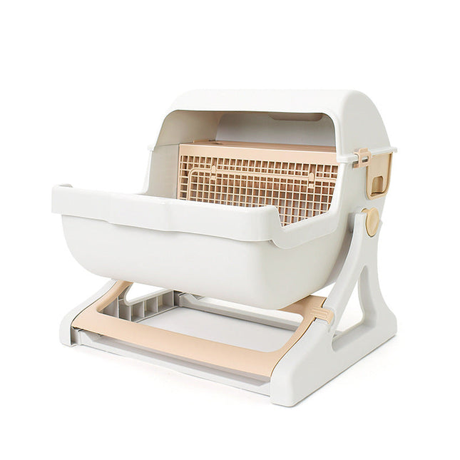 Semi Automatic Cat Litter Box, Quick Cleaning Odor Free Toilet For Adult Cats - White/Beige