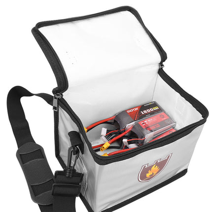 Explosion-Proof Fireproof LiPo Battery Safety Bag 21.5x14.5x16.5cm - Zipper with Charging Port and Shoulder Strap