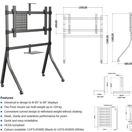 Floor Mount Trolley for 65” to 98” Interactive Displays, Heavy Duty