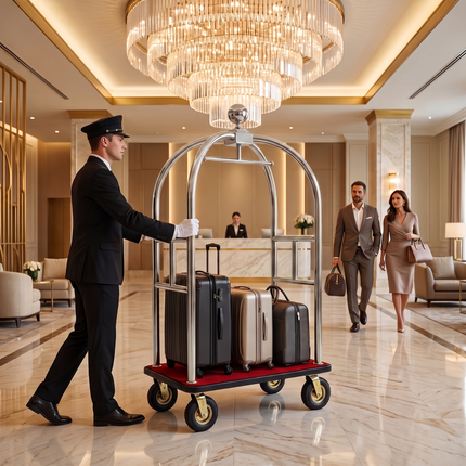 Stainless Steel Hotel Bellman Luggage Cart Anti Fingerprint Silver Titanium Coating, Luxury Platform