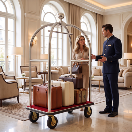 Stainless Steel Hotel Bellman Luggage Cart Anti Fingerprint Silver Titanium Coating, Luxury Platform