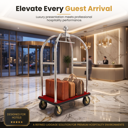 Stainless Steel Hotel Bellman Luggage Cart Anti Fingerprint Silver Titanium Coating, Luxury Platform