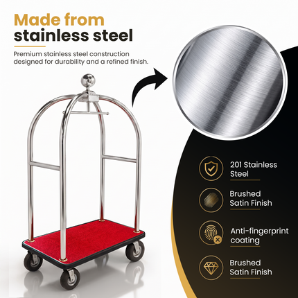 Stainless Steel Hotel Bellman Luggage Cart Anti Fingerprint Silver Titanium Coating, Luxury Platform