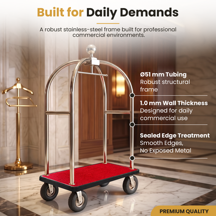 Stainless Steel Hotel Bellman Luggage Cart Anti Fingerprint Silver Titanium Coating, Luxury Platform