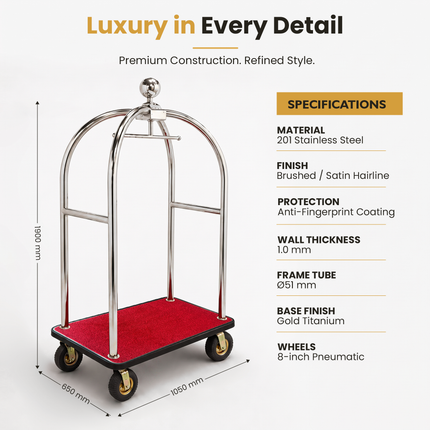 Stainless Steel Hotel Bellman Luggage Cart Anti Fingerprint Silver Titanium Coating, Luxury Platform