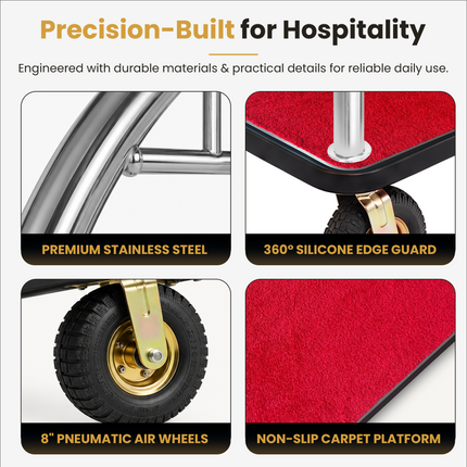 Stainless Steel Hotel Bellman Luggage Cart Anti Fingerprint Silver Titanium Coating, Luxury Platform