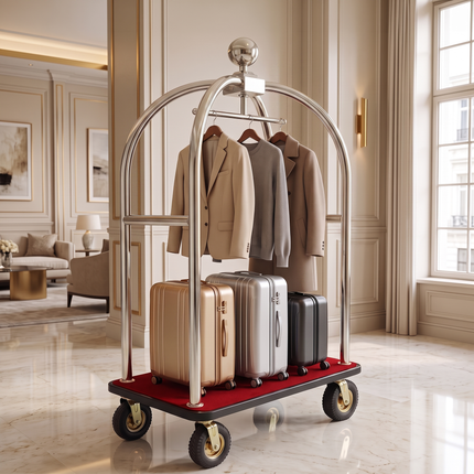 Stainless Steel Hotel Bellman Luggage Cart Anti Fingerprint Silver Titanium Coating, Luxury Platform