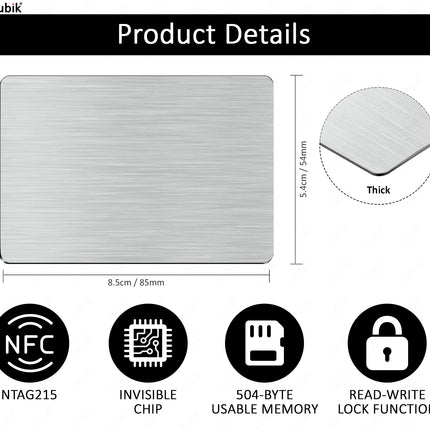 NFC 215 Metal Cards with Invisible Chip, NTAG215 High-end Prestige Business Card, 304 Stainless Steel Matt Finish
