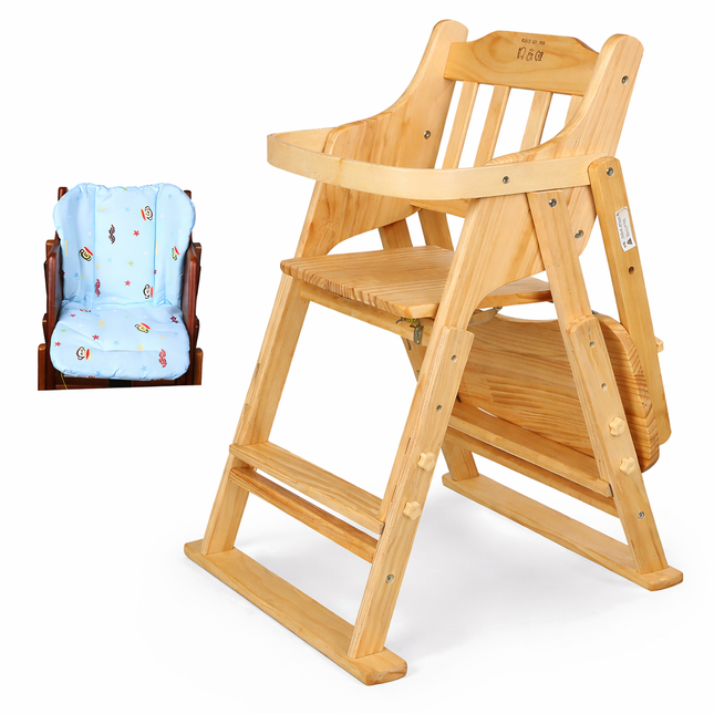 Adjustable Solid Wood Baby High Chair,  Foldable with Safety Harness & Cushion, Beige
