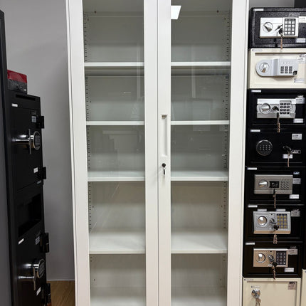 Metal File Folder Cabinet Glass Swing Door Office Storage Cupboard Adjustable Shelves Key Lock White